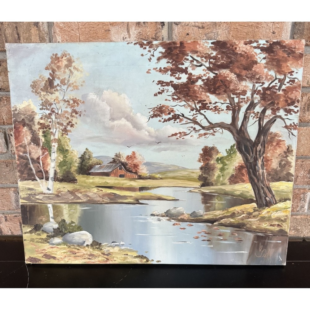 Vintage Original Landscape Painting on Canvas Artist Signed Barn River Trees‎